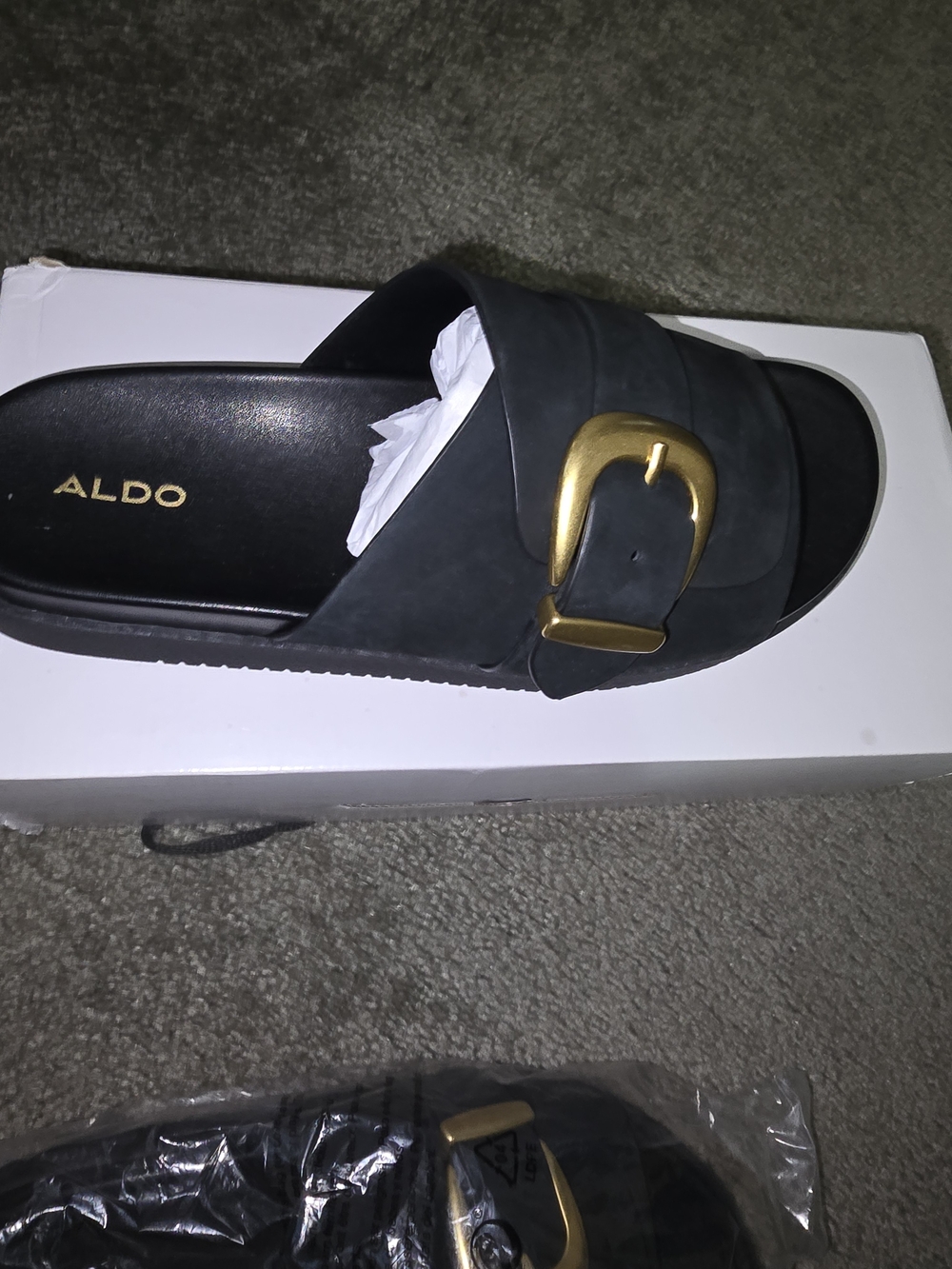 ALDO Alenana Black Slide Sandals with Gold Buckle NIB - Picture 5 of 8